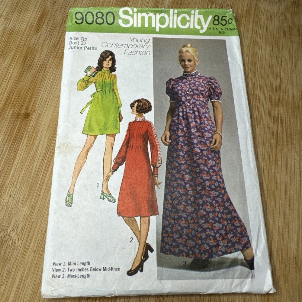 9080 Vintage Simplicity Sewing Pattern Misses 1970s Dress Sz 7jp OOP Casual